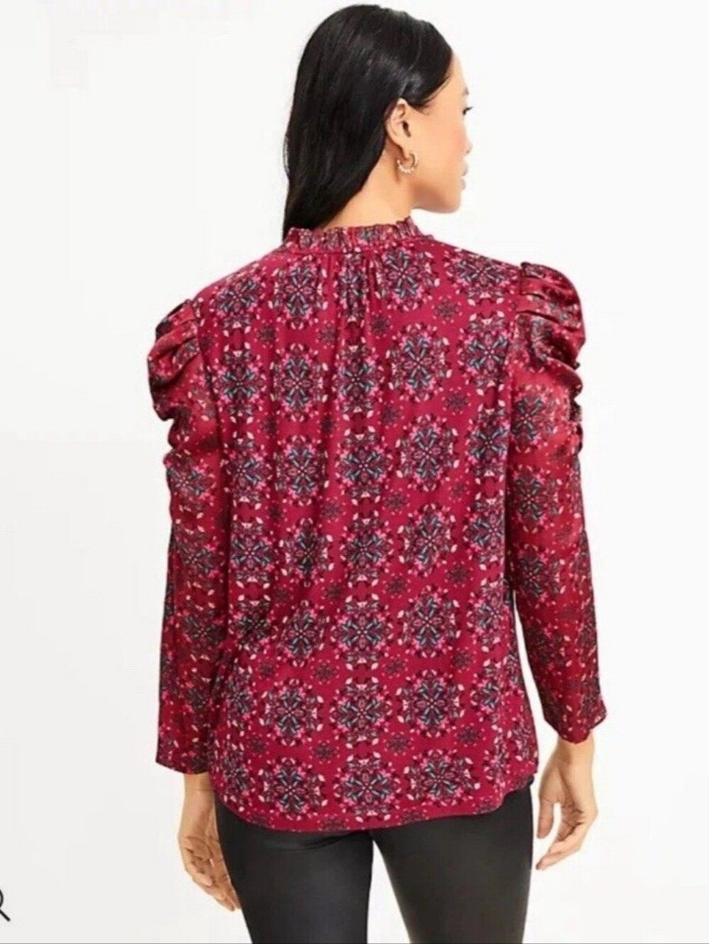 LOFT Burgundy Floral Cap-Sleeve Blouse - Picture 2 of 7